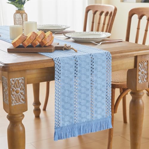 GUJOXILA Tischläufer Blau Boho Makramee Landhausstil Abwaschbar Tischläufer Tischdeko Table Runner für Küche Vintage Bauernhaus Esstisch Urlaub Party Hochzeit Deko 30 x 122cm von GUJOXILA