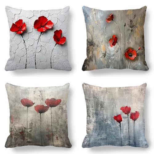 Kissenbezug 40x40cm Blume, Outdoor Kissen Rot 4er Set, Kissenbezüge Doppelseitig Gedruckt Muster Design mit Unsichtbarem Reißverschluss Quadratischer Dekokissen aus Samt für Zimmer Deko Geschenk 00-3 von GUKUGEKO