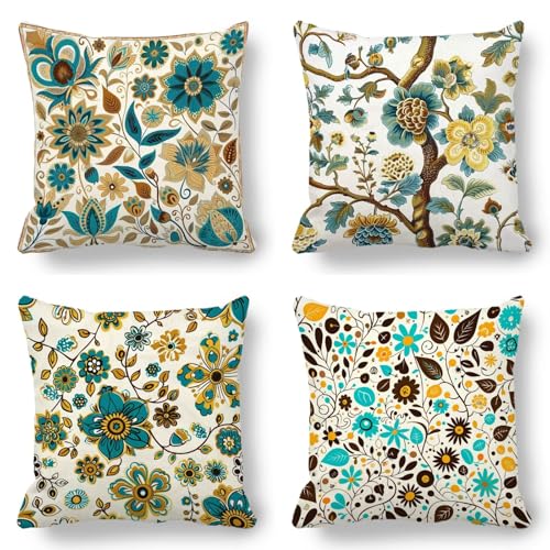 Kissenbezug 40x40cm Pflanze, Outdoor Kissen Retro 4er Set, Kissenbezüge Doppelseitig Gedruckt Muster Design mit Unsichtbarem Reißverschluss Quadratischer Dekokissen aus Samt für Zimmer Deko JE-T von GUKUGEKO