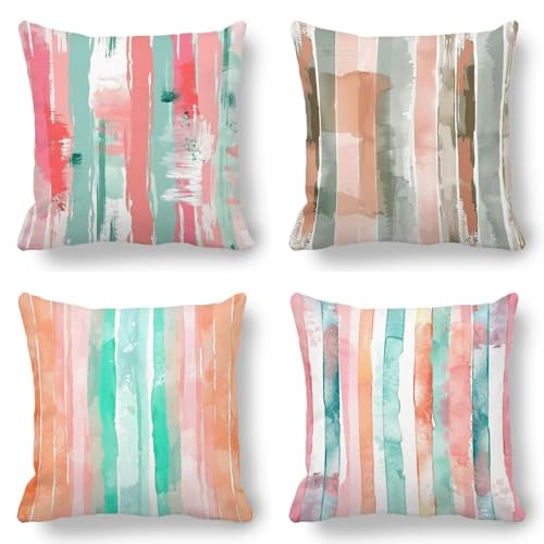Kissenbezug 45x45cm Kunst, Outdoor Kissen Streifen 4er Set, Kissenbezüge Doppelseitig Gedruckt Muster Design mit Unsichtbarem Reißverschluss Quadratischer Dekokissen aus Samt für Zimmer Deko O2-L von GUKUGEKO