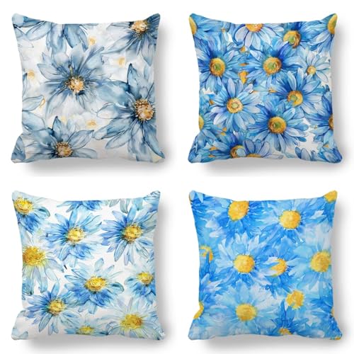 Kissenbezug 80x80cm Blume, Outdoor Kissen Blau 4er Set, Kissenbezüge Doppelseitig Gedruckt Muster Design mit Unsichtbarem Reißverschluss Quadratischer Dekokissen aus Samt für Zimmer Deko Geschenk HW-P von GUKUGEKO