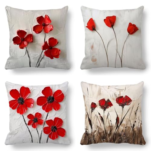 Kissenbezug 80x80cm Blume, Outdoor Kissen Kunst 4er Set, Kissenbezüge Doppelseitig Gedruckt Muster Design mit Unsichtbarem Reißverschluss Quadratischer Dekokissen Samt für Zimmer Deko Geschenk 13-W von GUKUGEKO