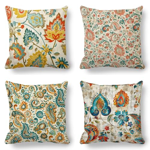 Kissenbezug 80x80cm Retro, Outdoor Kissen Leaf 4er Set, Kissenbezüge Doppelseitig Gedruckt Muster Design mit Unsichtbarem Reißverschluss Quadratischer Dekokissen aus Samt für Zimmer Deko Geschenk QJ-5 von GUKUGEKO