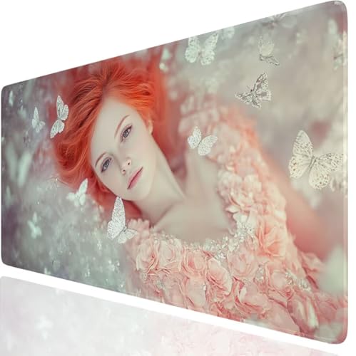 Mauspad XXL 800x400x3mm, Mädchen Mousepad Gaming Schmetterling Schreibtischunterlage mit Vernähten Kanten, Wasserdicht Mouse Pad, Rutschfeste Gummibasis Desk Mat für Büro PC Gaming Zubehör GKde-4987 von GUKUGEKO