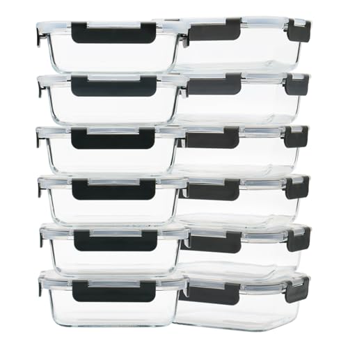GULFLIN 12 Stück 625 ml Glasbehälter für Mahlzeiten, Frischhaltedosen mit Deckel, luftdicht, auslaufsicher, gefrierschrank- bis mikrowellengeeignet, graues Set von GULFLIN