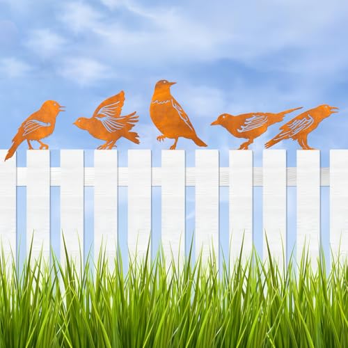 Rostiges Vögel Deko Rost - 5 Edelrost Metall Stecker Gartendeko Rostoptik Mit Schraubgewinde, Baumstecker für Holz Zaunfiguren (Eiserner Vogel) von GULURUKIO