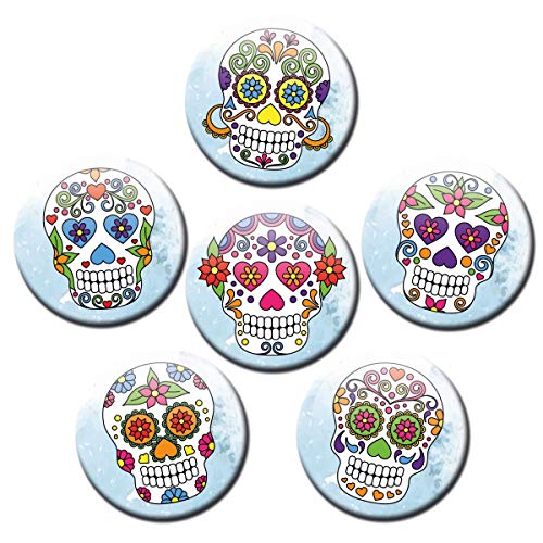 Magnete für Glasmagnettafel Totenkopf Sugar Skull extra stark 6er Blumen Deko Geschenk Set lustig für Frauen Kinder groß 50mm rund Bunt von GUMA Magneticum