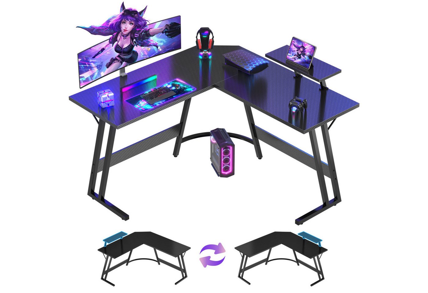GUNJI Computertisch L-förmiger Gaming-Schreibtisch, Eckschreibtisch, 120/170 cm (Tischplatte aus Kohlefaser mit Display-ausgestatteten Beinen und Z-förmigem Rahmen) von GUNJI