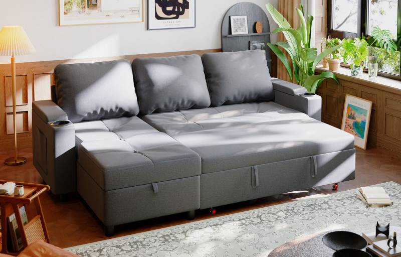HOMALL Ecksofa Multifunktionaler Stauraum Ausziehbares L-förmiges Schlafsofa, Integrierter spritzwassergeschützter Getränkehalter, Seitentaschen, internes Staufach HOMALL Ecksofa Multifunktionaler Stauraum Ausziehbares L-förmiges Schlafsofa, Integrierter spritzwassergeschützter Getränkehalter, Seitentaschen, internes Staufach von HOMALL