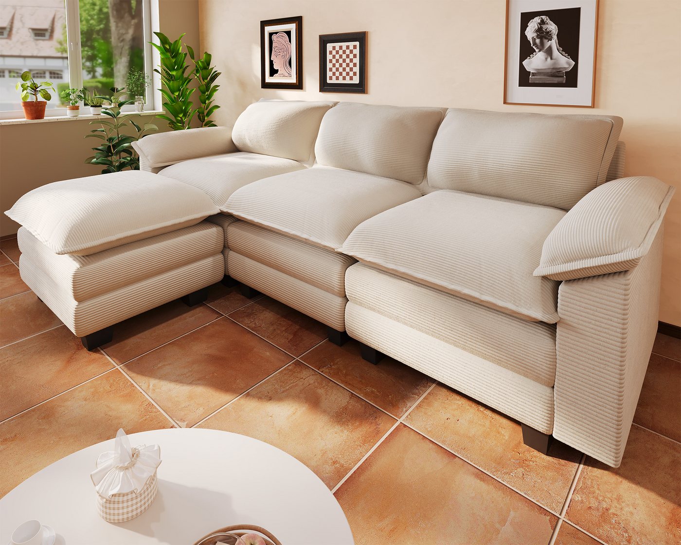 GUNJI Sofa Wohnzimmer L-förmiges Ecksofa Lampe Samt Herz Stoff, Abnehmbare Kissen und Rückenlehne, 310cm*141cm*84cm, linker oder rechter Bügel, kann frei im Raum platziert werden von GUNJI