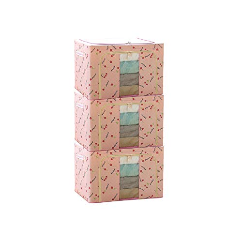 GUO FENG DIAO ® Storage Bins With Lids Stahlrahmen Oxford Tuch Aufbewahrungsbox Quilt Faltbarer Kleiderschrank Stoff Extra Groß (Rosa Kirsche: 22L x 3 Stück) von GUO FENG DIAO