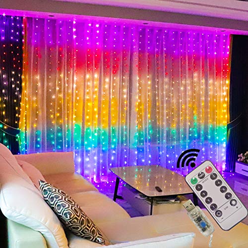 GUOCHENG Kupfer-Lichterkette für Vorhänge, LED-Lichterkette, 3 m x 5 m, USB-betrieben, Fenster-Lichterkette mit Fernbedienung, für Zuhause, Schlafzimmer, Terrasse, Innen- und Außenbereich, bunt von GUOCHENG