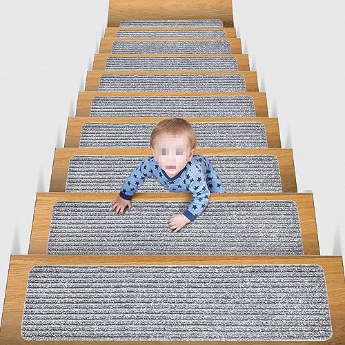 7Pcs Selbsthaftende Stufenmatten,Gestreifte Treppenmatte Treppenteppich Anti-Rutsch Treppenstufen Teppich Innen-Treppenläufer für Holzstufen,Sicherheit Stufenteppich für Kinder,Älteste,Hunde E 76x20cm von GUOCU