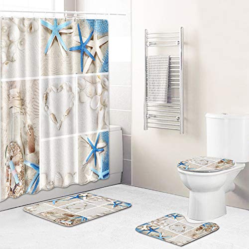 GUOCU Badezimmer Teppich Set-4 TLG,Badematten rutschfeste+Polyester Wasserdicht Antibakterielles Duschvorhang mit 12 Haken+Deckel WC Bezug+U-förmiger Matte Ozean/Wolfs Muster Badgarnitur 3 50x80CM von GUOCU