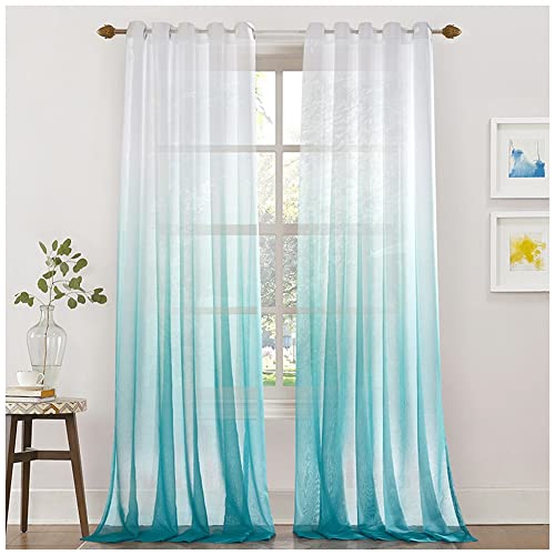 GUOCU Farbverlauf Vorhang Sheer Vorhang Voile Dekoschal Vorhänge mit Ösen Halbtransparent Gardine Ösenvorhang Gaze Fensterschal für Wohnzimmer Schlafzimmer Blau 106X213cm(1 Stück) von GUOCU