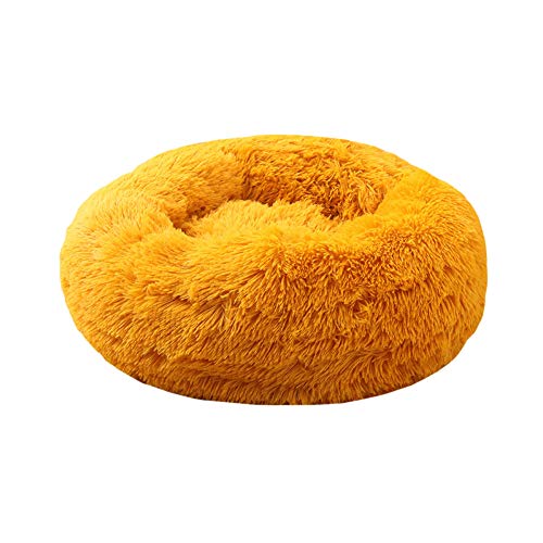 GUOCU Haustierbett Doughnut Form Klein Hund Bett Rundes Plüsch Katzenbett Hundehaus Welpen Tragbare Warme Weiche Bequeme Hundehütte,Gelb,S:50cm von GUOCU