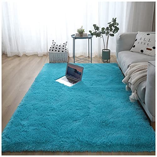 GUOCU Hochflor Teppich Wohnzimmer rutschfest Langflor Fellteppich Shaggy Flauschig Weich Modern Kunstfell Einfarbig Bettvorleger Sofa Matte,Blau,60x90CM von GUOCU