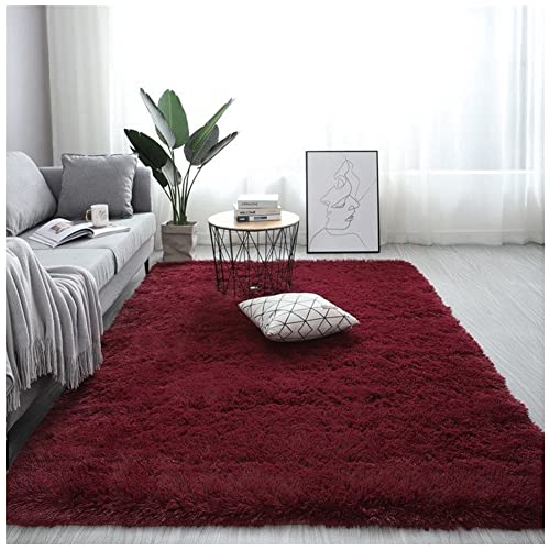 GUOCU Hochflor Teppich Wohnzimmer rutschfest Langflor Fellteppich Shaggy Flauschig Weich Modern Kunstfell Einfarbig Bettvorleger Sofa Matte,Weinrot,50x200CM von GUOCU