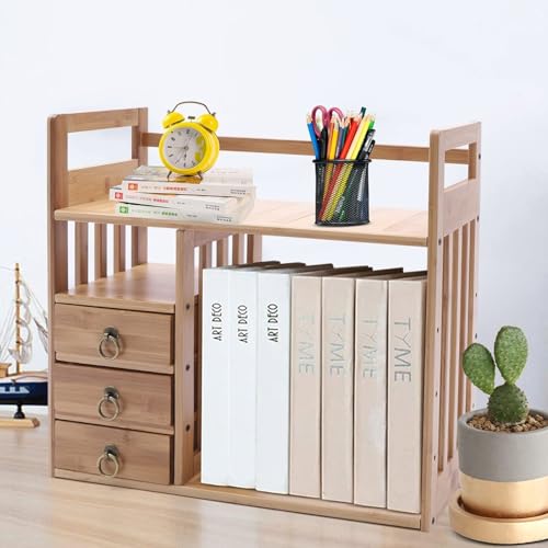 GUODDM Schreibtisch Bücherregal Mit 3 Schubladen - Schreibtisch-Bücherregal Aus Bambus, Wohnzimmer-Teeservice-Aufbewahrungsregal, Multifunktionales Lagerregal Im Schlafzimmer von GUODDM