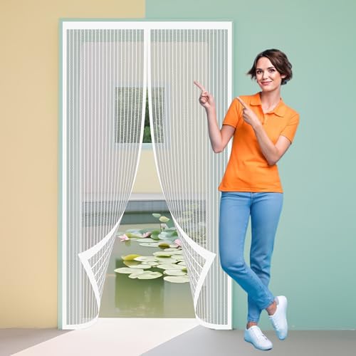 Fliegengitter Tür Magnet 80 x 192 cm Klebemontage Ohne Bohren Moskitonetze für Türen für Terrassen Wohnzimmer, Weiß von GUOGHUI