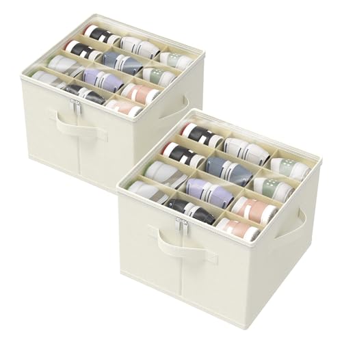 GUOHNHE 2 Stück Schuhorganizer für Schrank, Große Schuhschrank Passt 12-24 Paare, Faltbare Stoff-Schuhbox mit Durchsichtigem Deckel und 3 Griffen, 43 x 43 x 33 cm, Beige, XSNX01BEM-2 von GUOHNHE