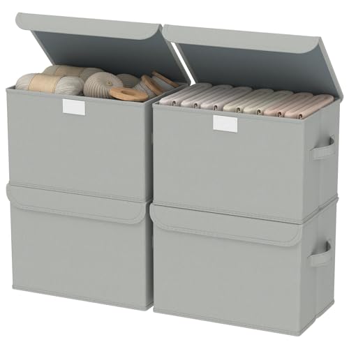 GUOHNHE Aufbewahrungsbox mit Deckel, Faltbare Kisten Aufbewahrung, Kleiderschrank Organizer mit 2 Stoffgriffen, für Schlafzimmer, Kleideraufbewahrung, 4 Stück, Grau, 26 x 20 x 17 cm, XSNY12GS-4 von GUOHNHE