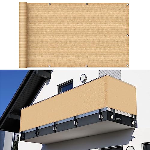 Balkon Sichtschutz Balkonabdeckung 125 x 200 cm Wind HDPE UV-Schutz Balkonabdeckung Balkonsichtschutz mit Ösen und Kordel für Balkon Zaun Terrassen Garten, Beige von GUOJUN