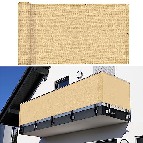 Balkon Sichtschutz Balkonabdeckung 75 x 300 cm Reißfest UV-Schutz atmungsaktiv Sichtschutzmatte Sichtschutzzaun mit Ösen und Kordel für Balkon Terrasse Garten, Sandgelb von GUOJUN