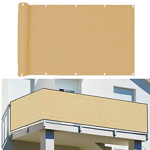 Balkon Sichtschutz Balkonabdeckung 90 x 700 cm Wind HDPE UV-Schutz Balkonschutz Balkonabdeckung mit Kabelbinder Ohne Bohren für Balkon Zaun Terrassen Garten, Sandgelb von GUOJUN