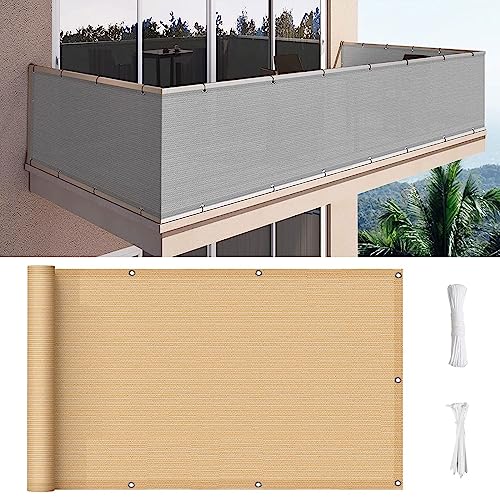 Balkon sichtschutz 115 x 450 cm Windschutz Staubschutz Balkon Sichtschutz Balkonumspannungen mit Kabelbinder Ohne Bohren für Balkon Zaun Terrassen Garten, Beige von GUOJUN