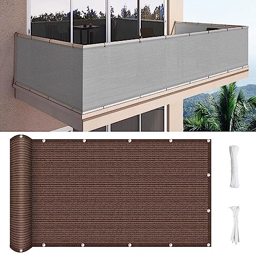 Balkonbespannung 140 x 350 cm Wind HDPE UV-Schutz Sichtschutzmatte Sichtschutzzaun mit Kabelbinder Ohne Bohren für Balkongeländer Garten, Braun von GUOJUN