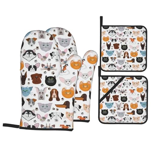 Küchenhandschuhe und Topflappen mit Cartoon-Katzen- und Hunde-Druck, widerstandsfähig, wasserdicht von GUOLGP