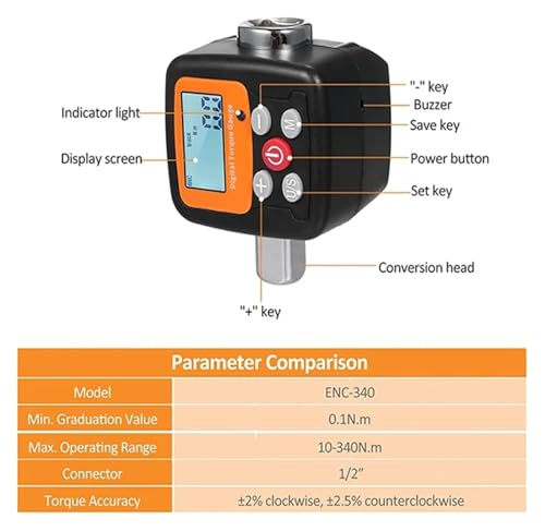 Drehmoment, 200/340N.m Hocräziser digitaler Drehmomentmesser, Drehmomenttester for Schraubenschlüssel, 1/2-Zoll-Antrieb, mit akustischer Alarmfunktion, 4 Drehmomenteinheiten,Stabilere(10-340N.m) von GUOPIN