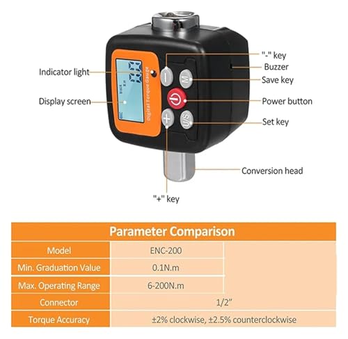 Drehmoment, 200/340N.m Hocräziser digitaler Drehmomentmesser, Drehmomenttester for Schraubenschlüssel, 1/2-Zoll-Antrieb, mit akustischer Alarmfunktion, 4 Drehmomenteinheiten,Stabilere(6-200N.m) von GUOPIN
