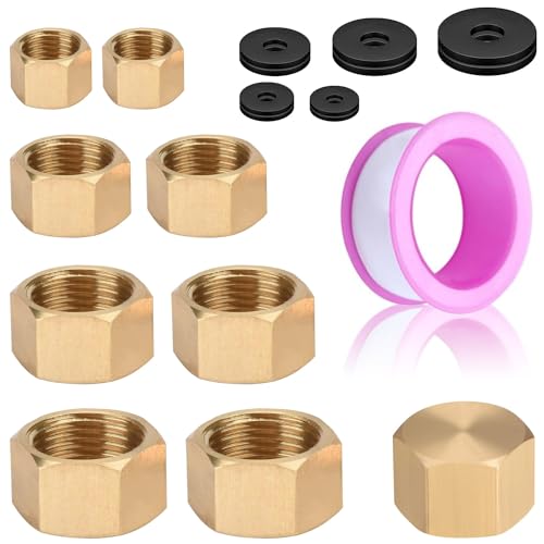 Blindstopfen Set Messing Kappe 1/8" 1/4" 3/8" 1/2" 3/4" Mit Gummi Unterlegscheiben Verschlussstopfen Gewindekappe Messing Verschlusss Rohmaterialband Für Garten Outdoor Wasserrohre 10Stk von GUOSIYAO