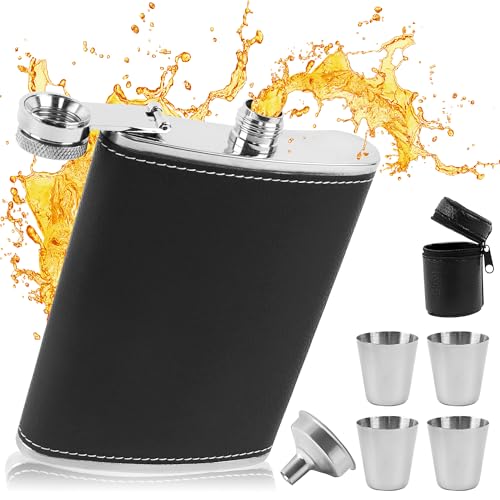 Edelstahl Flachmann Alkoholflasche 8oz Flachmann Set Tragbare Flachmann Mit Trichter Und 4 Becher Für Väter Männer Für Wandern Hochzeit Camping Klettern Picknick (schwarz) von GUOSIYAO