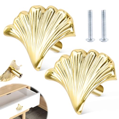 GUOSIYAO Ginkgo Blatt Form Schubladengriff Schranktürgriffe Blattform Möbeltürgriff Mehrzweck Schranktürknöpfe Biloba Form Knauf Griffe Für Kommode Schublade Küche Schrank Tür Ziehgriffe 2Stk (Gold) von GUOSIYAO