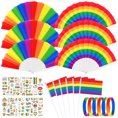 GUOSIYAO Regenbogen Fächer Set 28Stk Handfächer Faltfächer Mit Armbänder Tattoos Flagge regenbogenfächer Für Sommer Frauen Männer Pride Month Accessoires Party Dekoration von GUOSIYAO