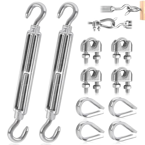 Seilspanner Edelstahl Spannschloss M5 Verstellbare Spannschlösser Drahtspanner Set Mit Drahtseilklemme Und Drahtseil Kauschen Für Seil Gartendraht Zaunspanner 10Stk (CC, M5-10Stk) von GUOSIYAO