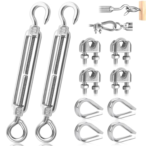 Seilspanner Edelstahl Spannschloss M5 Verstellbare Spannschlösser Drahtspanner Set Mit Drahtseilklemme Und Drahtseil Kauschen Für Seil Gartendraht Zaunspanner 10Stk (OC, M5-10Stk) von GUOSIYAO