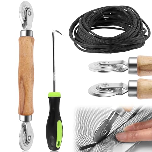 Werkzeug Doppelrad Dichtungseinroller Mit Holzgriff Kederwerkzeug Mit 10m x 5mm Gummi Kederband Haken Werkzeug Einzieher Einroller Als Fliegengitter Insektenschutz Ersatzteil 3Stk von GUOSIYAO