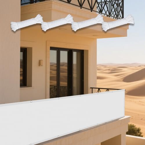 Sonnensegel 165 x 220 cm Rechteckig Wasserdicht 98% UV Schutz Schatten Mesh Abdeckung mit Ösen Seil PES Polyester UV Schutz Ohne Bohren für Garten Balkon, Weiß von GUOYFEN