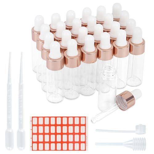 GUOYIHUA 25 Stück Pipettenflasche 5ml, Transparente Glas Tropfflasche, Mini Glasflasche, Liquid Flaschen, mit 2ml Dropper & Pipette & Langrohrspender & 36 Etiketten, für Ätherisches Ölparfüm von GUOYIHUA