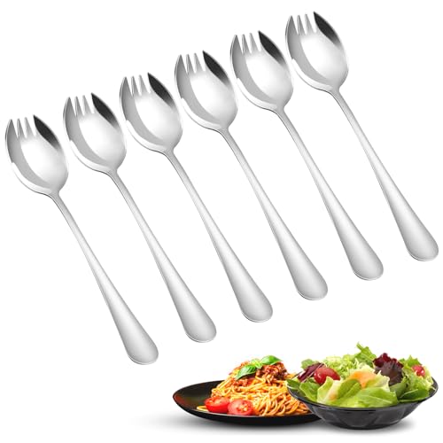 GUOYIHUA 6 Stück Salatgabeln Edelstahl, 2 In 1 Salat Göffel Spork, Multifunktionaler Salatlöffel für Obst, Eiscreme, Desserts, Nudeln, Lang 17cm, für Familiencamping und Picknick im Freien von GUOYIHUA