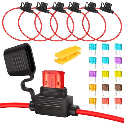 GUOYIHUA Kfz Sicherungshalter, 6 Stück 16AWG Flachsicherung Halter, Auto Sicherungshalter mit 3A/5A/7.5A/10A/15A/20A kfz Sicherungen, Inline Blade Fuse Holder für Auto Lkw Motorrad Boot von GUOYIHUA