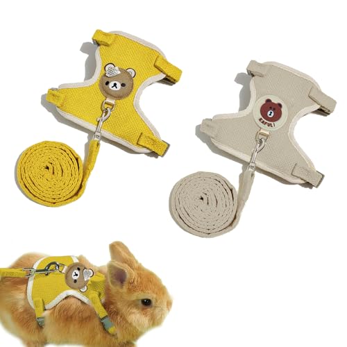 GUOYOU 2 Stück Kaninchen Leine, Verstellbares Weiches Kaninchen Geschirr mit Leine, Kaninchengeschirr für Zwergkaninchen, Kaninchenleine Ausbruchsicher für Kleine Häschen Katze Hunde (Gelb,Beige) von GUOYOU