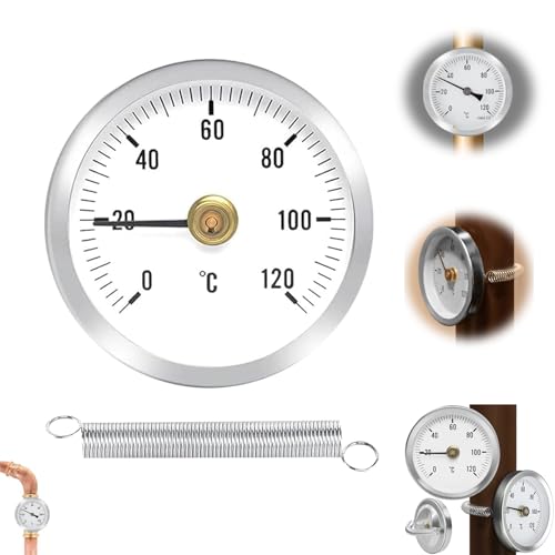 GUOYOU Anlegethermometer Heizungsrohr, Rohrthermometer Temperaturanzeige mit Aufsteckfeder 0-120 °C 63 mm Befestigung mit Feder Anlege Zeigerthermometer für Kessel und Heizanlagen von GUOYOU