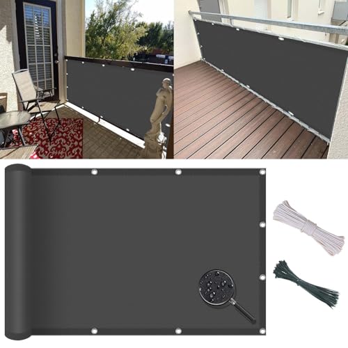 Balkon Sichtschutz 90 x 255 cm Wasserabweisend Windschutz Staubschutz, Balkon Zaunblende Sichtschutz mit Kordel Und Nylon Kabelbinder, für Terrassen Balkon Zaun, Dunkelgrau von GUOYUYU