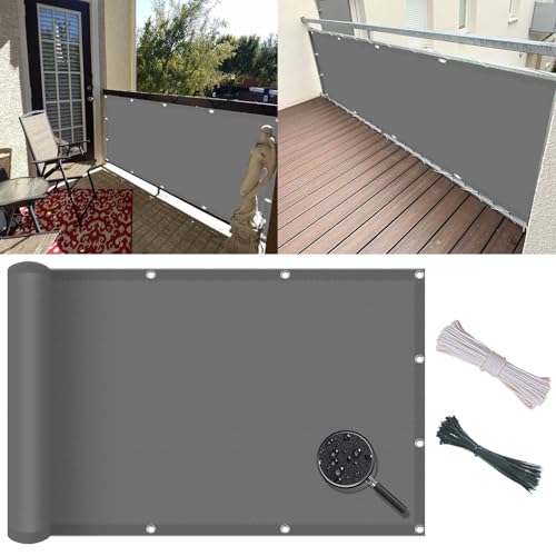 Balkon Sichtschutz 90 x 570 cm Sonnenschutz 95%/Windschutz/Reißfest, Seitenmarkise Schattentuch mit Kordel Und Nylon Kabelbinder, für Terrassen Balkon Zaun, Hellgrau von GUOYUYU