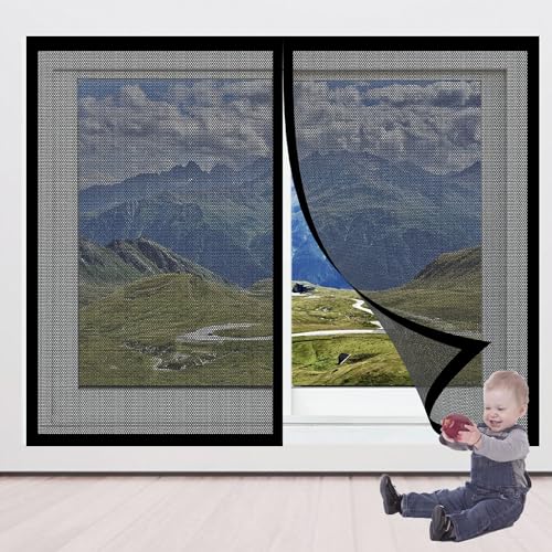 Fliegengitter Fenster Magnetband 111 x 118 cm Insektenschutz Magnetvorhang Fliegennetz Moskitonetz Ohne Bohren Automatische Schließung für Alle Fenster, Schwarz von GUOZHEN